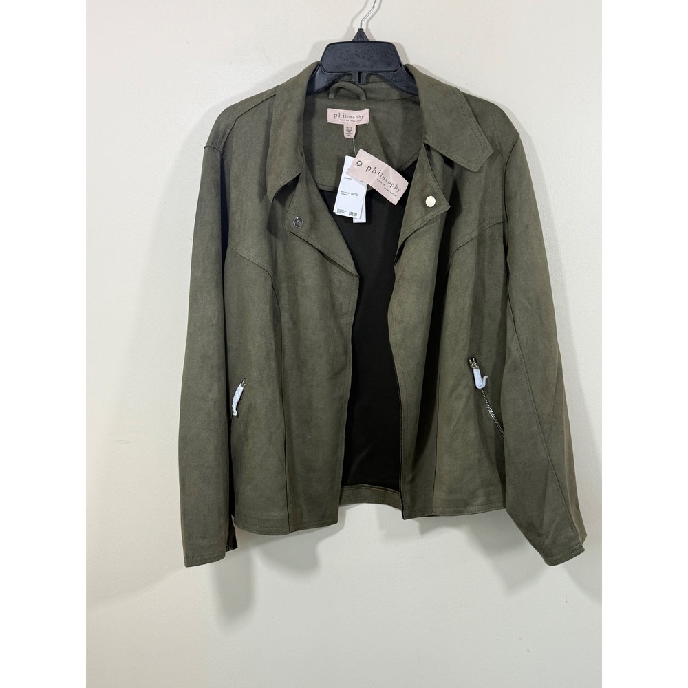 NWT Philosophy Faux Suede Moto Jacket Women's 1X Olive Green Plus Size Biker